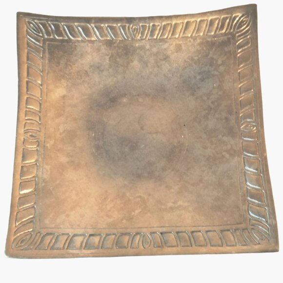 Square Metal Serving Tray Bowl Carved Border Aztec Design Elegant Lodge 11 inch - Picture 1 of 4